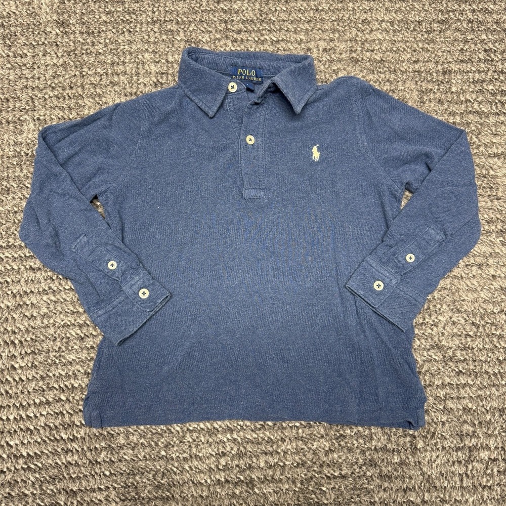 Polo Ralph Lauren Boys Long Sleeve Polo Shirt Size 5 Blue‎ Heather Pony Logo